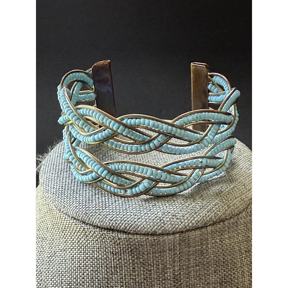 Beaded Cuff Bangle Bracelet Woven Faux Turquoise Blue Chunky Boho Coastal Beach